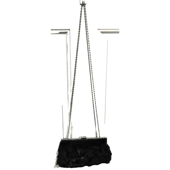Vtg Black Faux Fur Shoulder Purse Formal Bag Metal Chain Strap & Extra 13" Strap - Picture 1 of 10